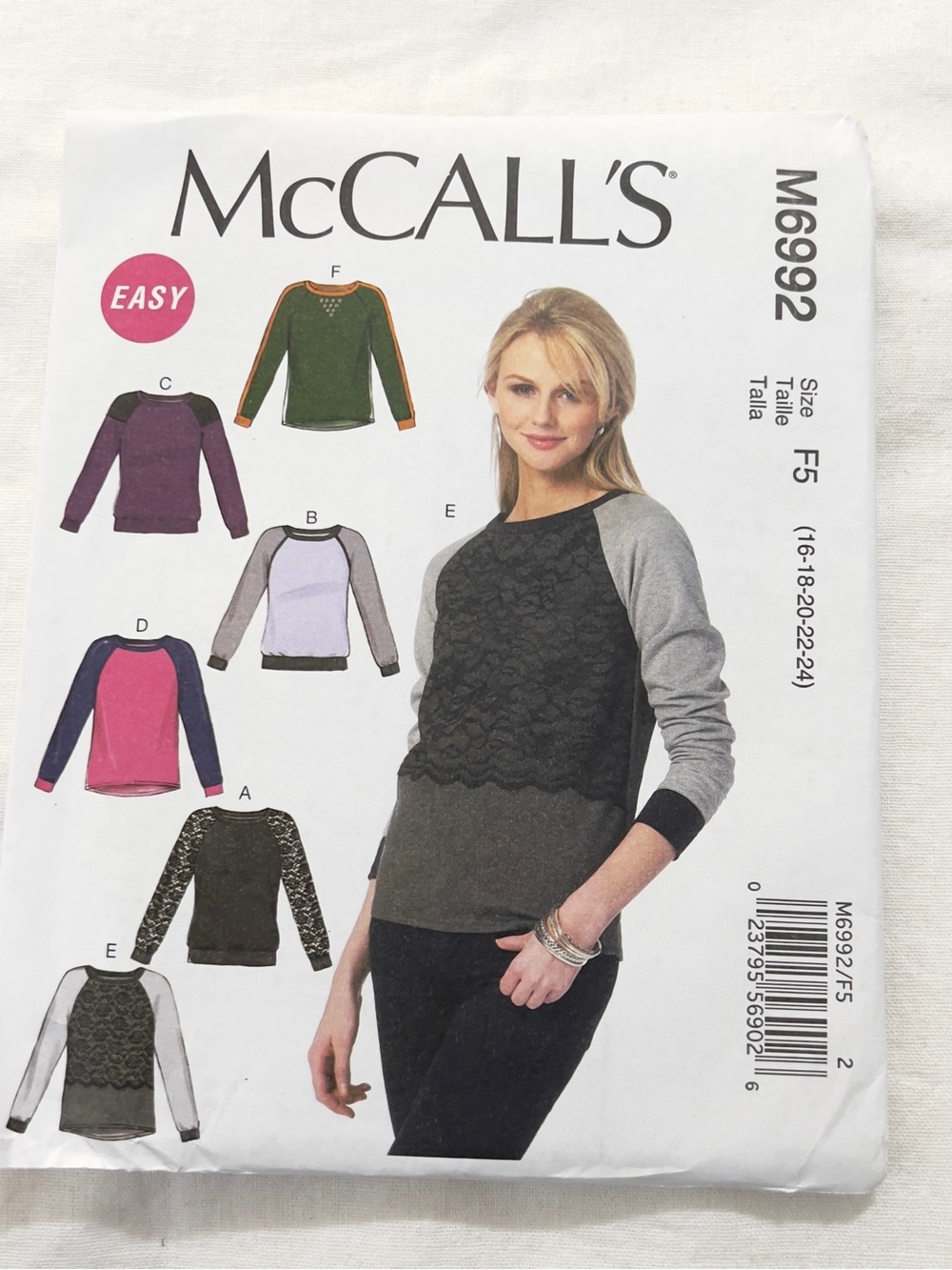 McCall’s M6992 Easy Knit Top Sewing Pattern Size F5 16-24 Uncut